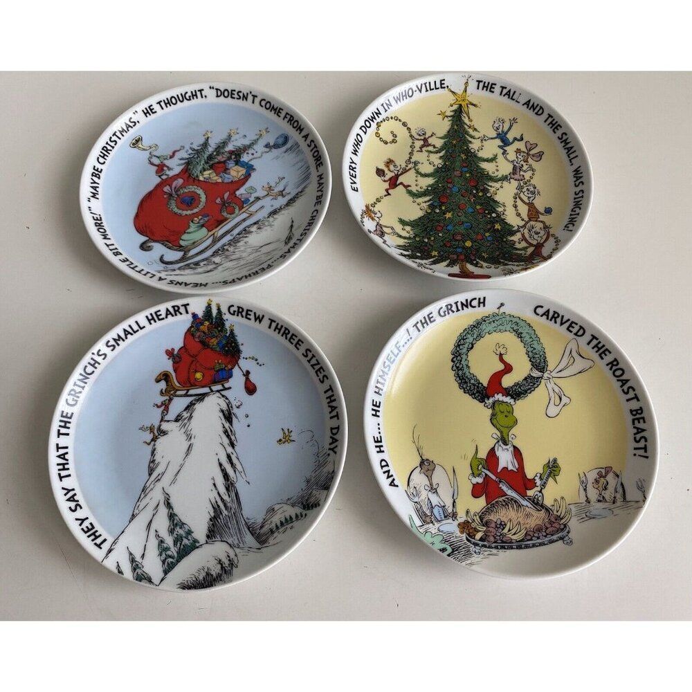 Dr Seuss The Grinch 65th Anniversary Set 4 Christmas Appetizer Plates Holiday 6”